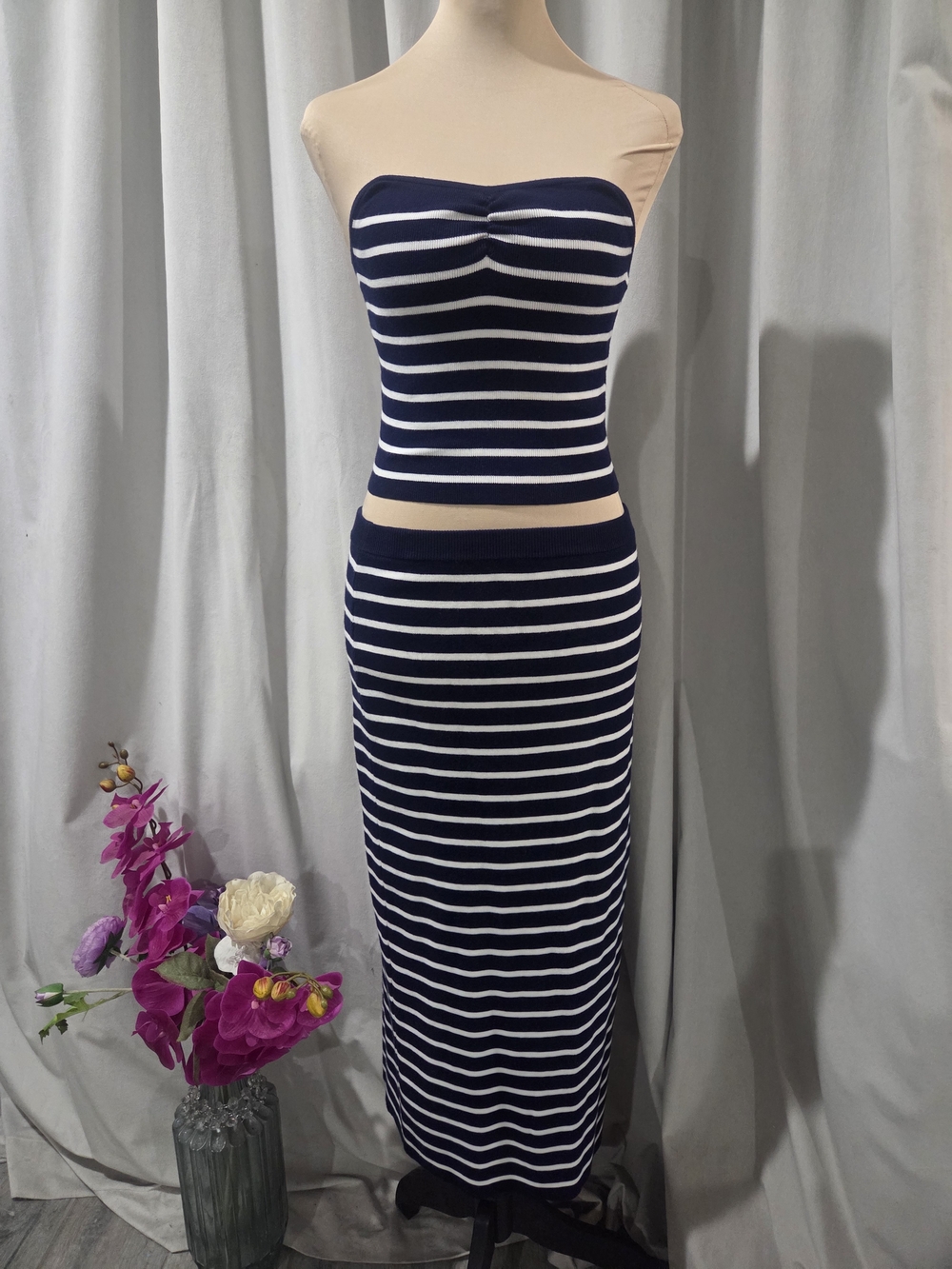 Freshman Navy and White Striped Pencil Skirt Set